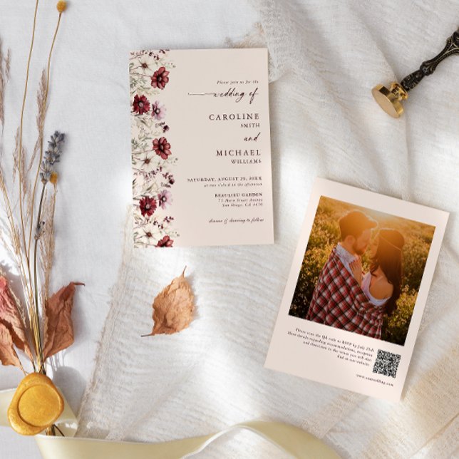 Convite Casamento de Foto de Flor Selvagem Burgundy Código (Criador carregado)