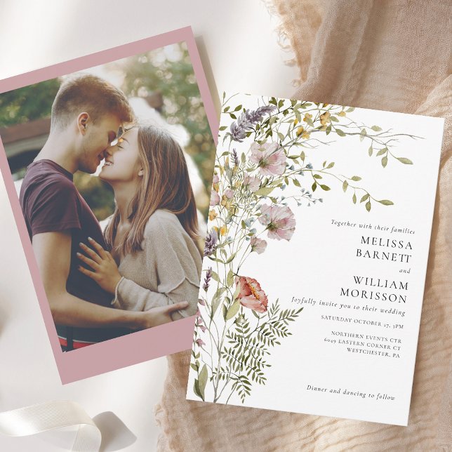 Convite Casamento De Foto De Flor Selvagem Floral Elegante (Elegant Floral Wildflower Photo Wedding Invitation)
