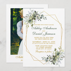 Convite Casamento de Foto de Geo Frame Dourado de Watercol