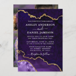 Convite Casamento de Foto de Geodo Marble Agate Dourado Ro