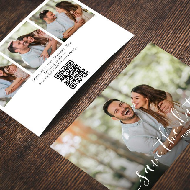 Convite Casamento de Foto de Script Simples Salvar a Data (Wedding save-the-date photo card with a scannable QR code. )