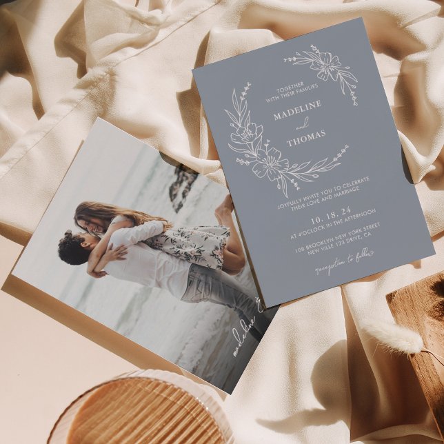 Convite Casamento de Foto de Terra Floral Azul Elegante (Criador carregado)