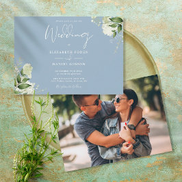 Convite Casamento de Foto de Verdura Botânica Azul Empoeir