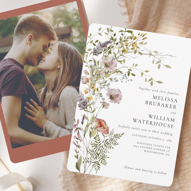 Convite Casamento de Foto de Vidraça Selvagem Elegante (Elegant Watercolor Wildflower Photo Wedding Invitation)
