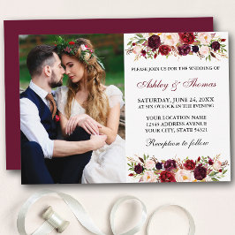 Convite Casamento de Foto de Watercolor Floral Burgundy