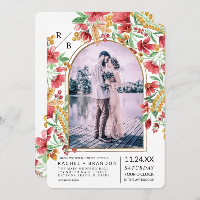 Convite Casamento de Foto do Arco Floral Amarelo-Brilhante (Frente/Verso)