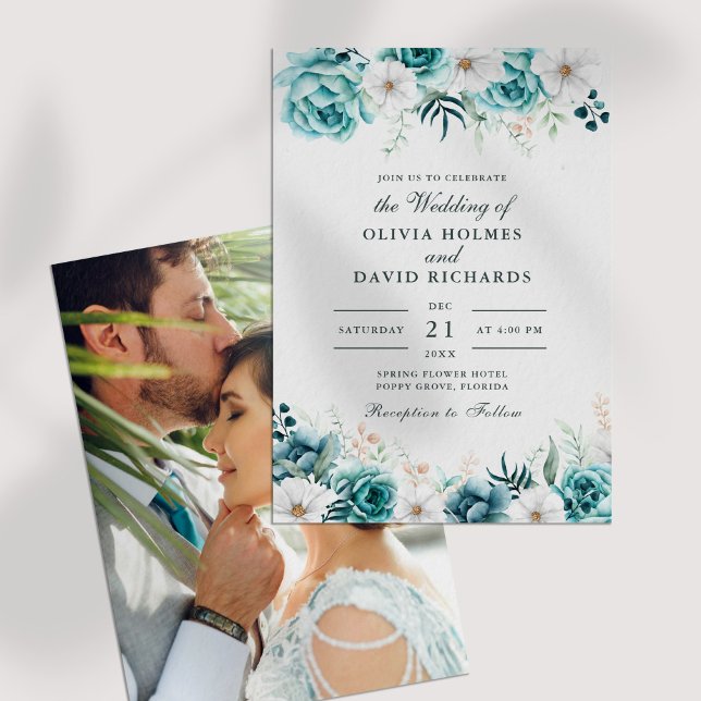 Convite Casamento de Foto do Casal de Flores Selvagens de  (Off-White Teal Wildflowers Couple Photo Wedding Invitation on a white table.)