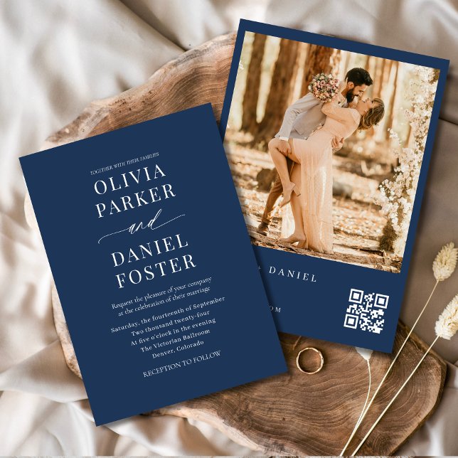 Convite Casamento de Foto do Código QR Azul do Marinho Clá (Criador carregado)