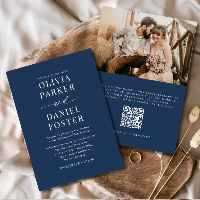 Convite Casamento de Foto do Código QR Azul do Marinho Ele (Criador carregado)