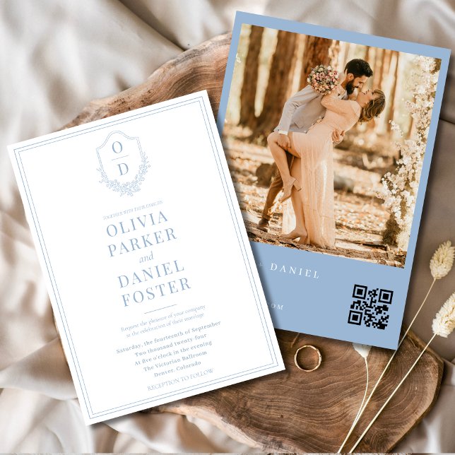 Convite Casamento de Foto do Código QR Azul Elegante Crest (Criador carregado)