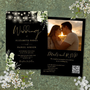 Convite Casamento de Foto do Código QR das Luzes Douradas