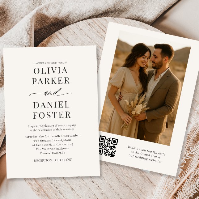 Convite Casamento de Foto do Código QR de Beige Neutro (Criador carregado)