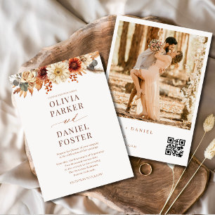 Convite Casamento de Foto do Código QR de outono Floral