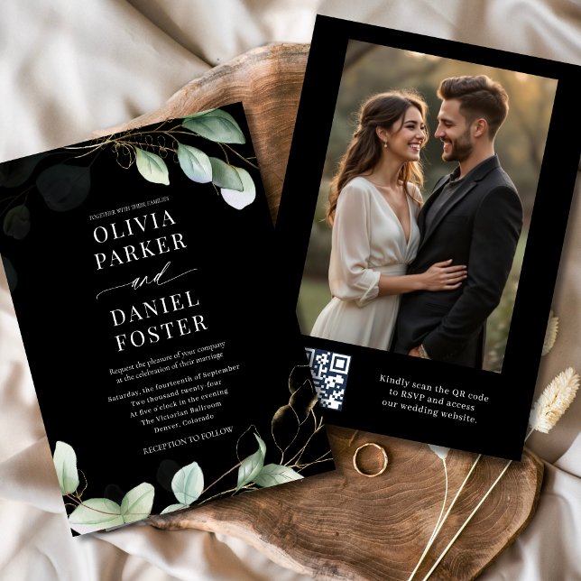 Convite Casamento de Foto do Código QR Eucalyptus Preto El (Criador carregado)