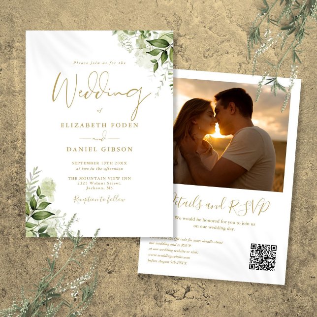 Convite Casamento de Foto do Código QR Floral Dourado Gree (Gold Greenery Floral QR Code Photo Wedding Invitation)