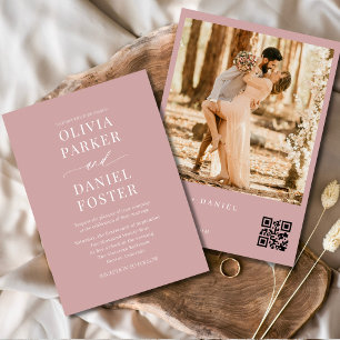 Convite Casamento de Foto do Código QR Moderno Dusty Pink