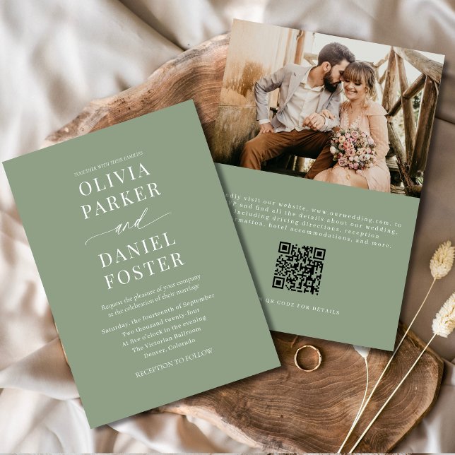 Convite Casamento de Foto do Código QR Verde Elegante Sage (Criador carregado)