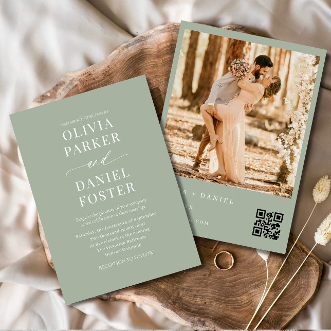 Convite Casamento de Foto do Código QR Verde Elegante Sage (Criador carregado)
