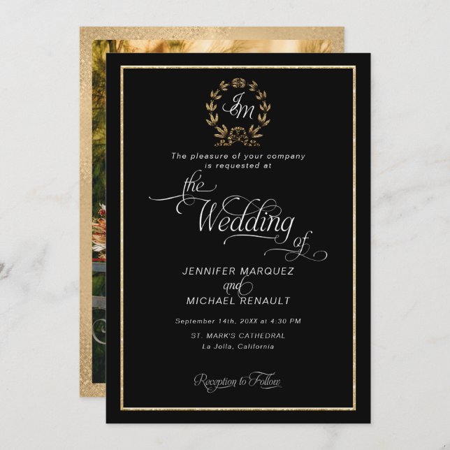 Convite Casamento de Foto do Elegante Black n Dourado Wrea (Frente/Verso)
