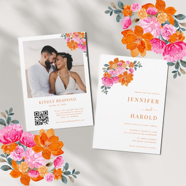 Convite Casamento de Foto do Jardim Floral Rosa e Laranja  (Criador carregado)