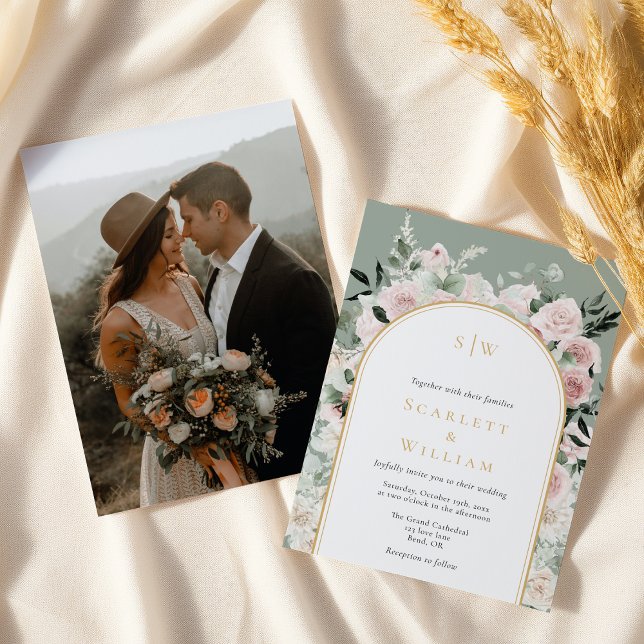 Convite Casamento de Foto do Monograma do Arch Dourado Dus (Criador carregado)