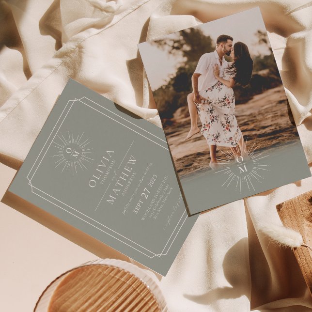 Convite Casamento de Foto do Monograma do Meio século Verd (Criador carregado)