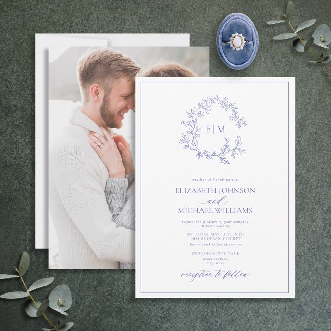 Convite Casamento de Foto do Periwinkle Leafy Crest Monogr (Criador carregado)