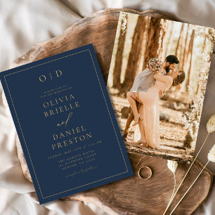 Convite Casamento de Foto Dourada Azul com Marinho Moderno