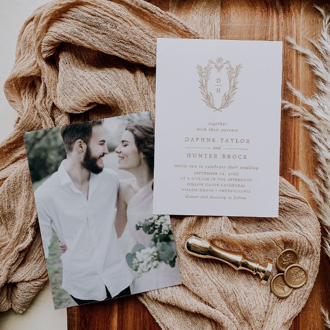Convite Casamento de Foto Dourada Branca Elegante DAPHNE (DAPHNE Elegant Gold White Classic Photo Wedding Invitation)