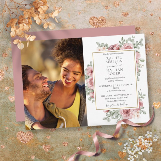 Convite Casamento de Foto Dourado com Dusty Floral (Floral Dusty Rose Gold Photo Wedding Invitation)