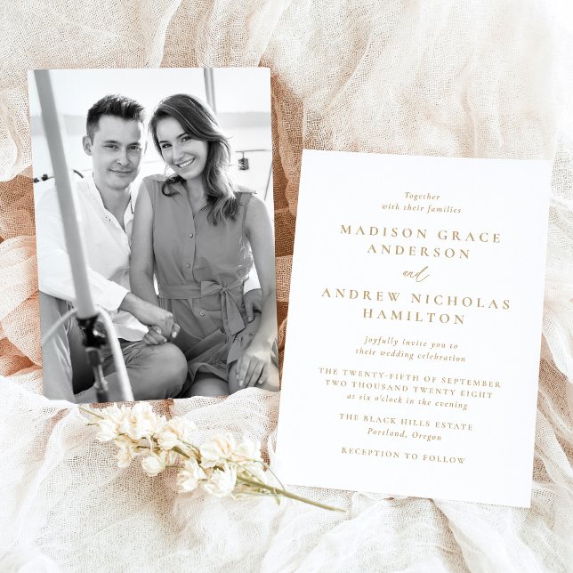Convite Casamento de Foto Dourado Mínimo Moderno (Criador carregado)