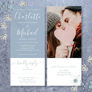 Convite Casamento de Foto Dusty Blue Elegante Script Compl