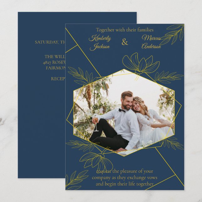 Convite Casamento de Foto Elegância Dourada (Frente/Verso)