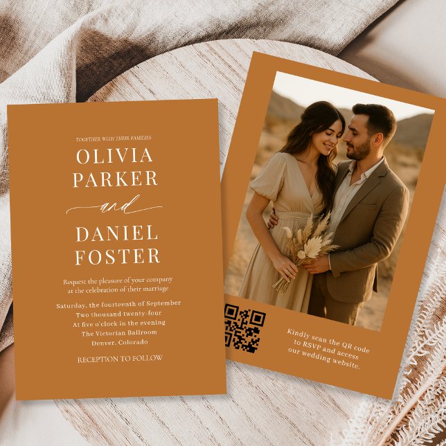 Convite Casamento de Foto Elegante de Código QR de Bronze  (Criador carregado)