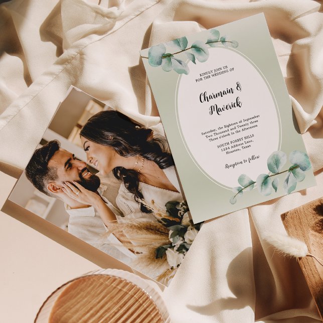 Convite Casamento de Foto Elegante Eucalyptus folha Greene (Criador carregado)