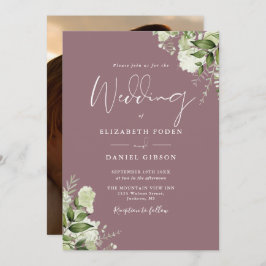 Convite Casamento de Foto Elegante Floral Mauve Greenery