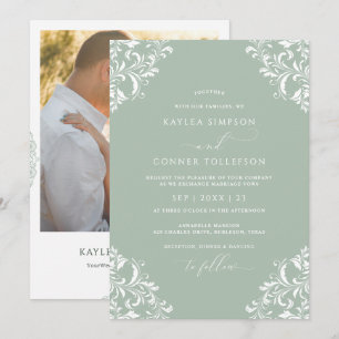 Convite Casamento de Foto Elegante Verde Sage Vintage Luz