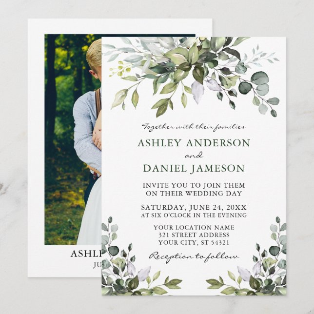 Convite Casamento de Foto Elegante Watercolor Greenery (Frente/Verso)