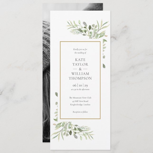 Convite Casamento de Foto Elegante Watercolor Greenery (Frente/Verso)