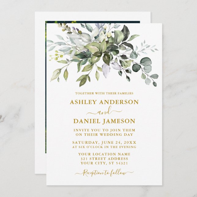Convite Casamento de Foto Elegante Watercolor Greenery Dou (Frente/Verso)