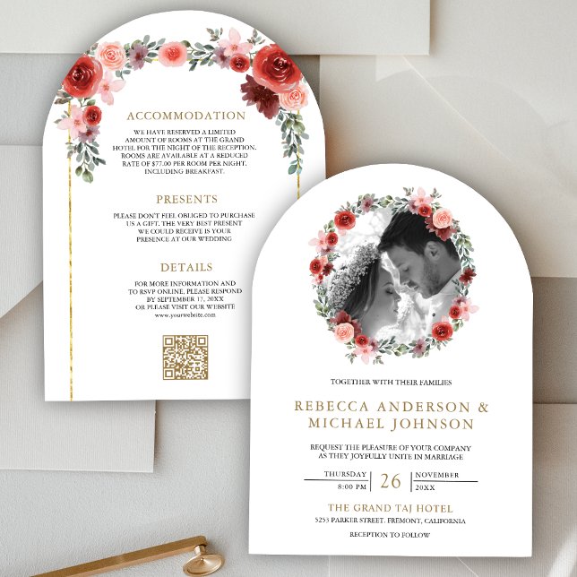 Convite Casamento de Foto em Arco Floral Rosa-Rosa-Blush (Criador carregado)