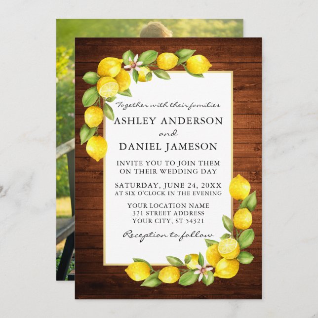 Convite Casamento de Foto em Madeira com Limões de Aquarel (Frente/Verso)