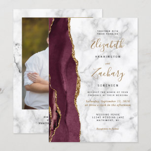 Convite Casamento de Foto em Mármore Dourado Burgundy Mode