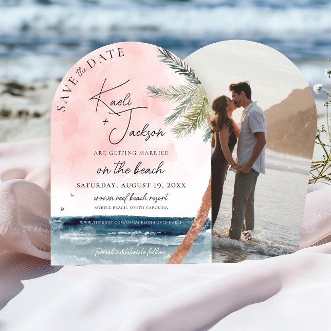 Convite Casamento de Foto em Praia Costeira Salve a Data (Tropical beach watercolor palm trees navy ocean pink sunset photo wedding arch save the date)