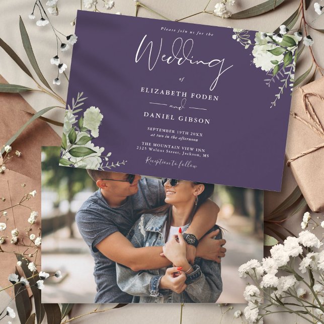Convite Casamento de Foto em Verde Botânico Roxo (Purple Botanical Greenery Photo Wedding Invitation)