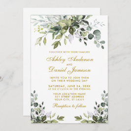 Convite Casamento de Foto em Watercolor Greenery Dourado