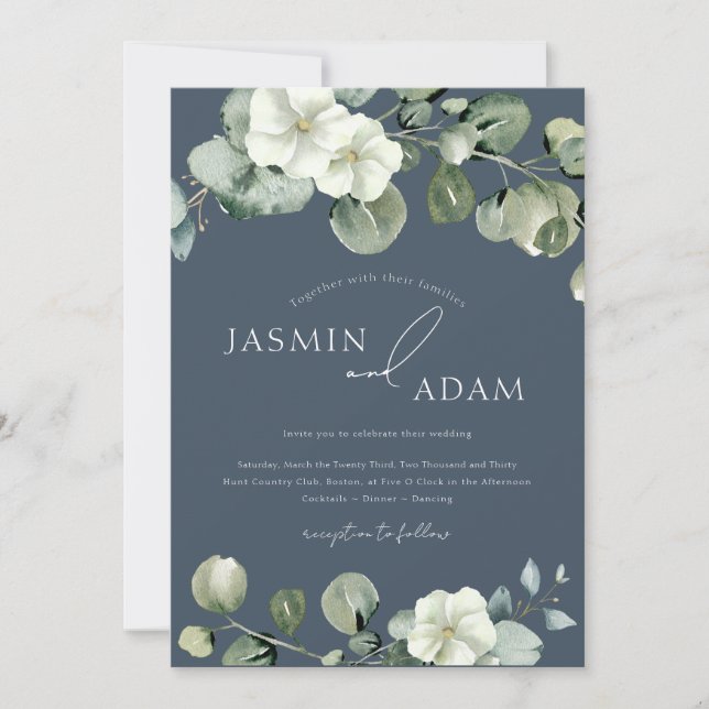 Convite Casamento de Foto Eucalyptus de Opulência Azul Rea (Frente)