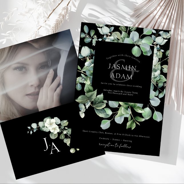 Convite Casamento de Foto Eucalyptus, Herdeiro Negro (Elegant Black Greenery Eucalyptus Photo Wedding Invitation)