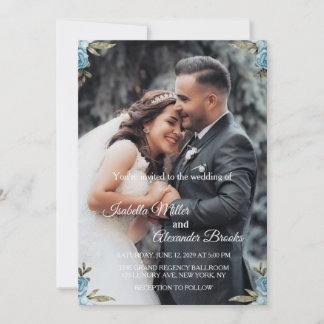 Convite Casamento de Foto Floral Azul Empoeirado