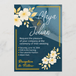 Convite Casamento de Foto Floral Azul Marinho Dourado
